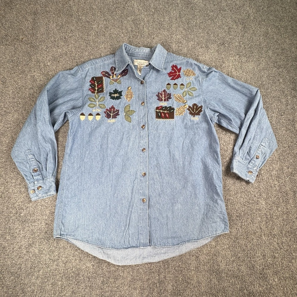 90s Cambridge Dry Goods Denim Shirt L Blue Fall Leaf Acorn Embroidery Boho VTG